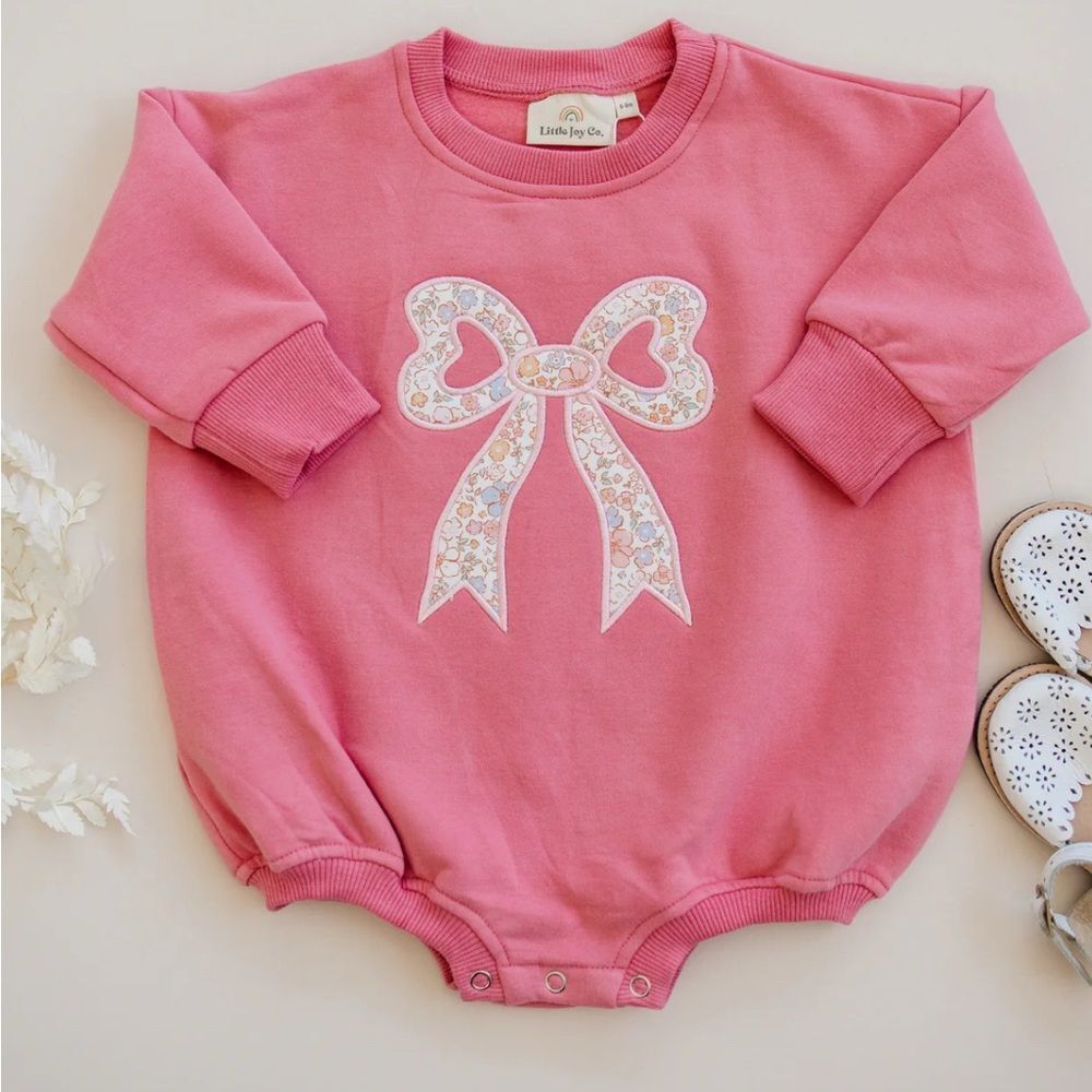 Little Joy Co Applique Floral Bow Sweatshirt Romper Pink 9-12 month NWT IN PKG